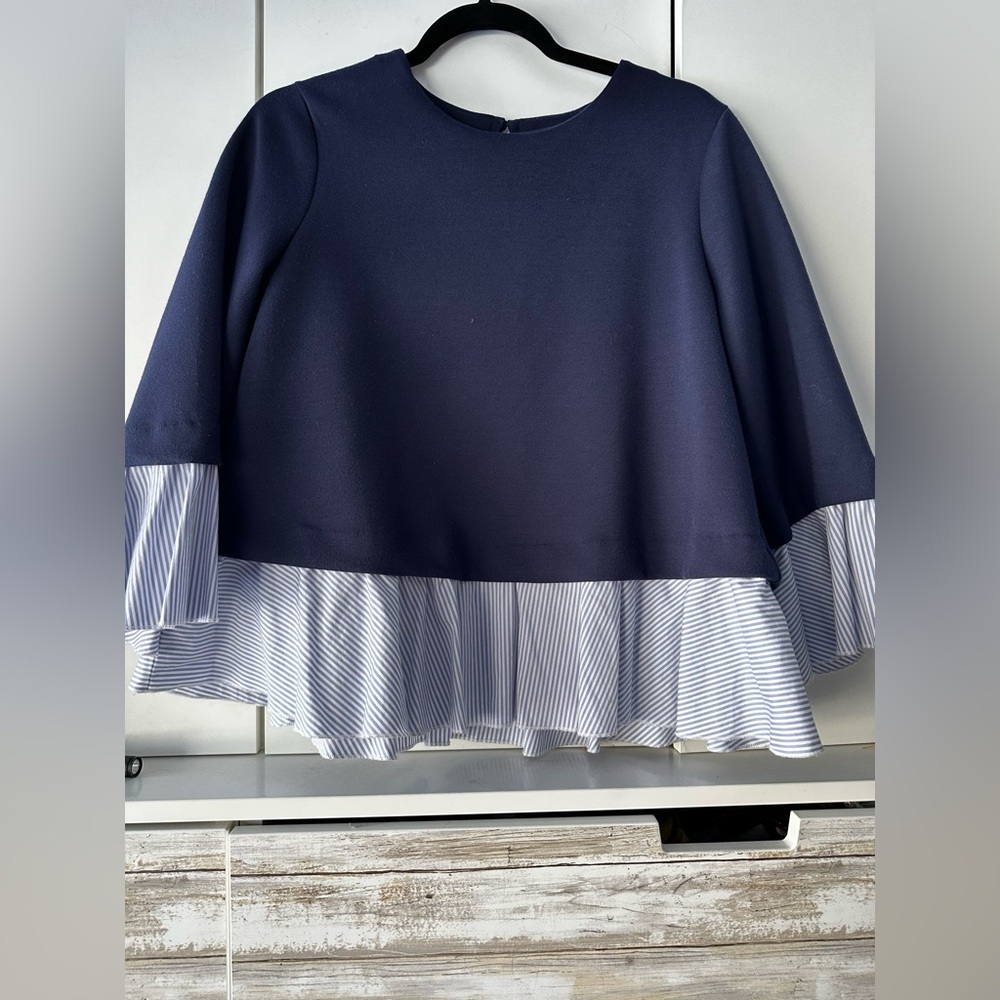 💙 Halogen Navy Blue Faux Layered Striped Ruffle Hem Top Size Small